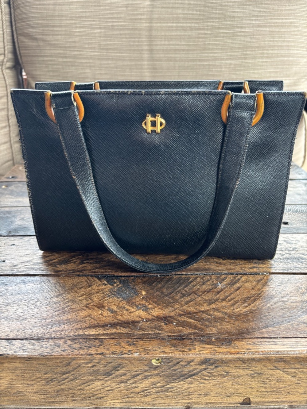 Hattie Carnegie Classic Black Tote with Gold Accents